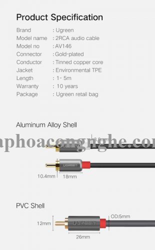 Ugreen 40931 0.5M Đen Cáp âm thanh Bông sen 2 ra 2 dương AV146 30040931